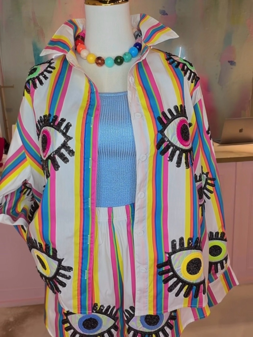 QUEEN OF SPARKLES Multicolor Striped Eye-Print Blazer & Shorts Set